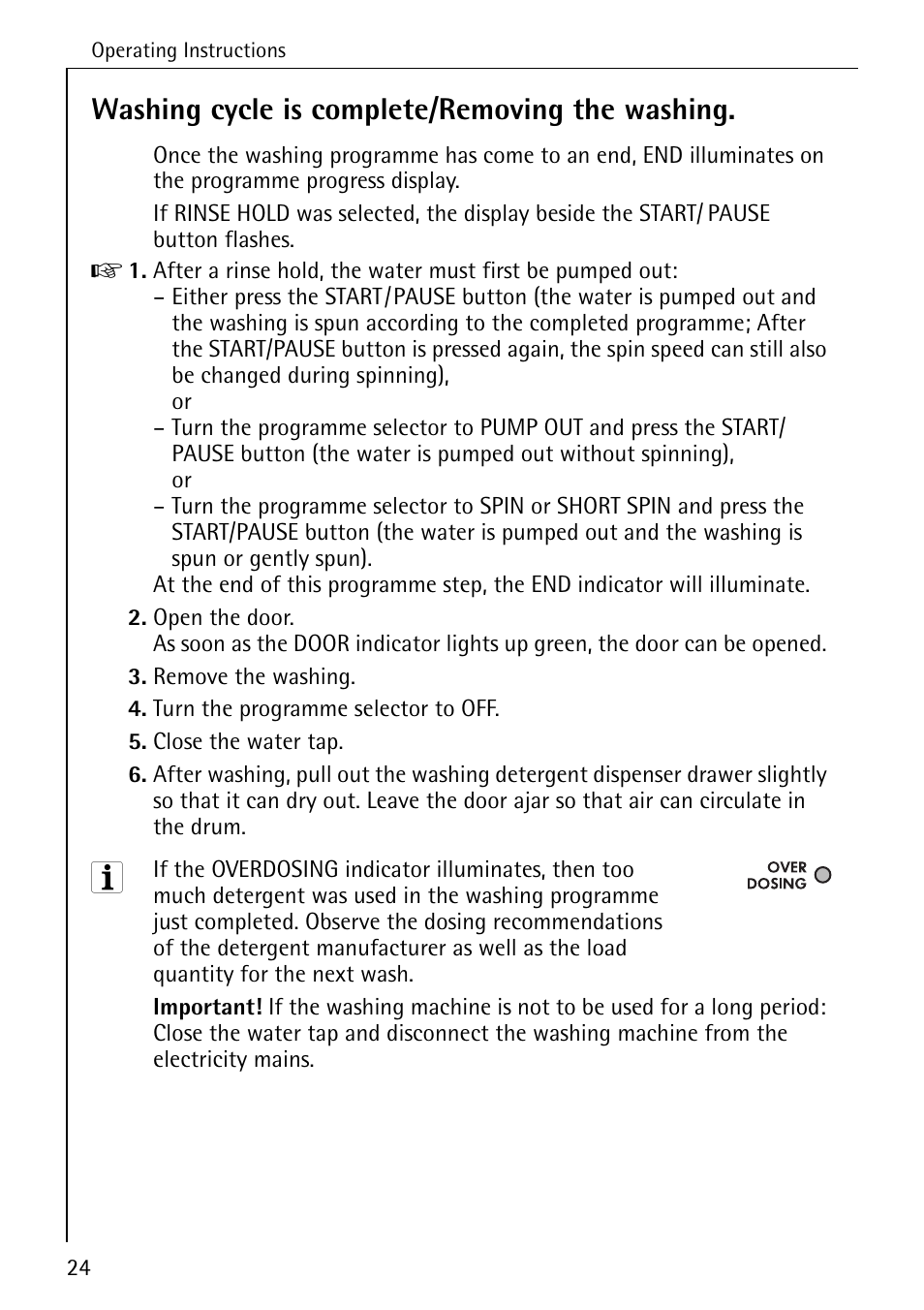 Washing cycle is complete/removing the washing | Electrolux 72630 User Manual | Page 24 / 56