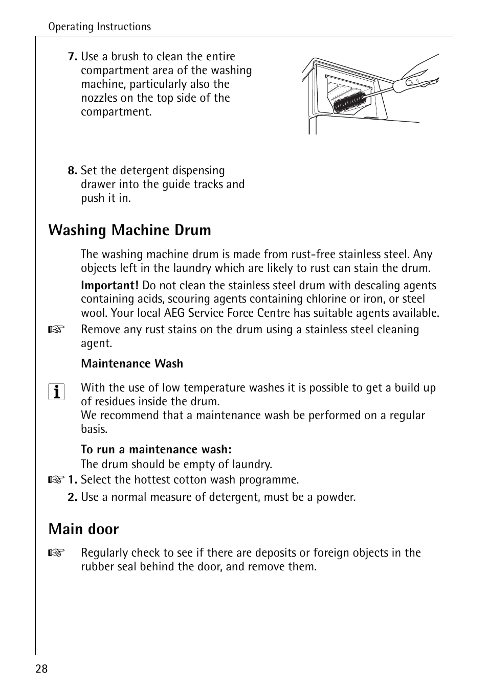 Washing machine drum, Main door | Electrolux 72630 User Manual | Page 28 / 56