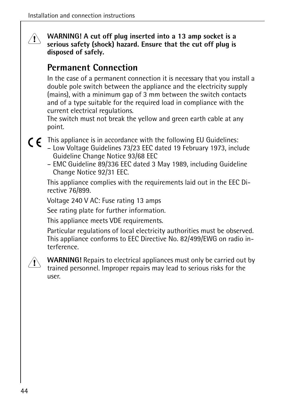 Permanent connection | Electrolux 72630 User Manual | Page 44 / 56