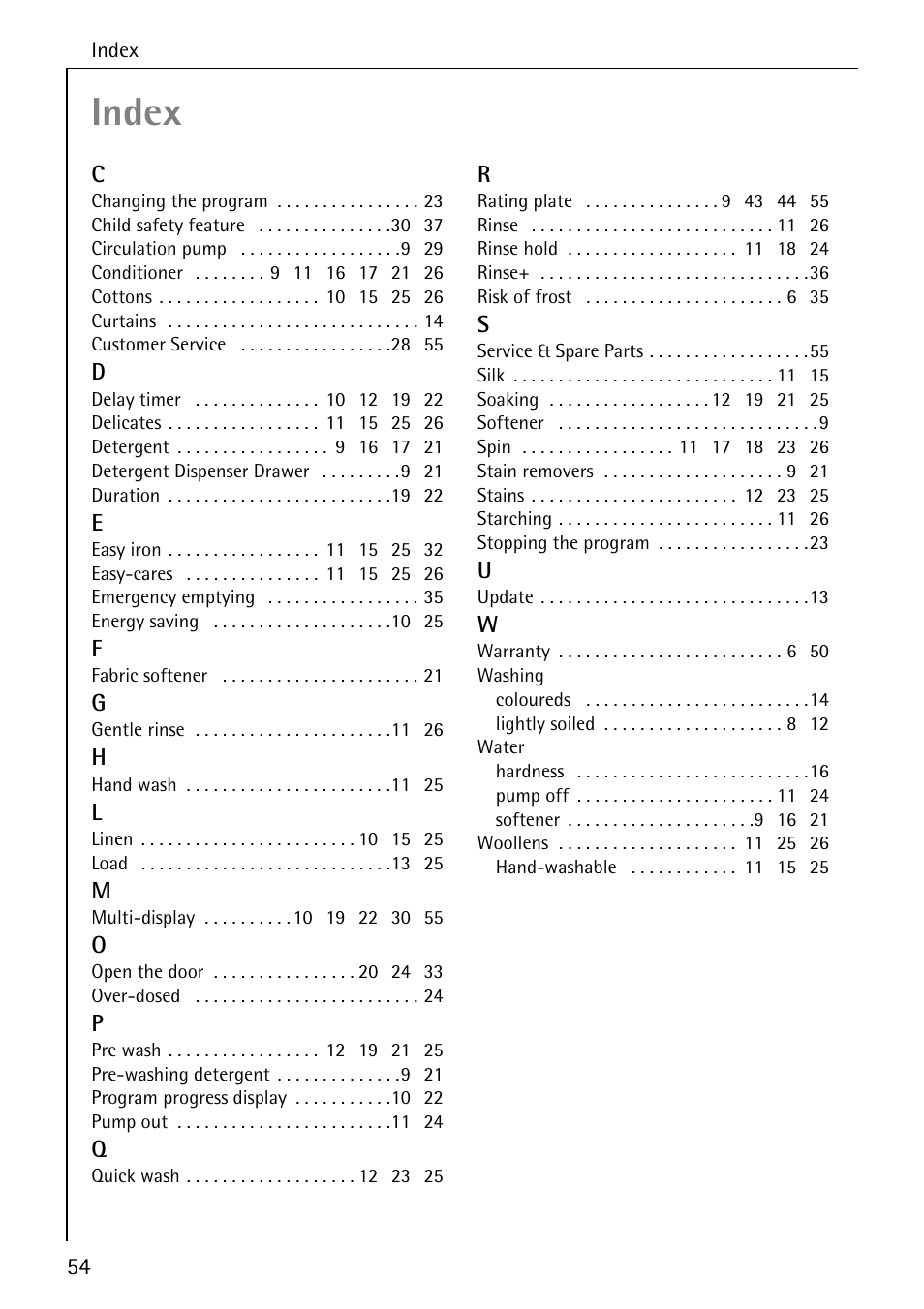 Index | Electrolux 72630 User Manual | Page 54 / 56