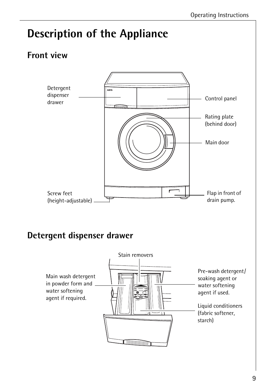 Description of the appliance, Front view detergent dispenser drawer | Electrolux 72630 User Manual | Page 9 / 56