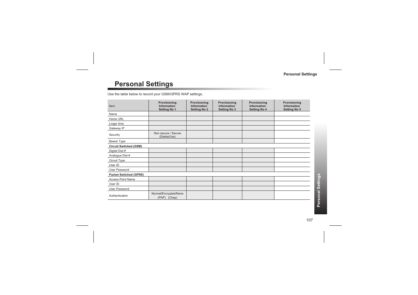 Menu structure 108, Personal settings | Panasonic GD87 User Manual | Page 105 / 114