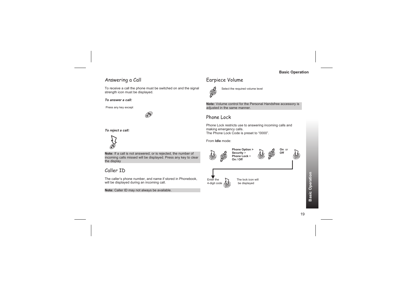 Using the pin 20, Answering a call, Caller id | Earpiece volume, Phone lock | Panasonic GD87 User Manual | Page 17 / 114