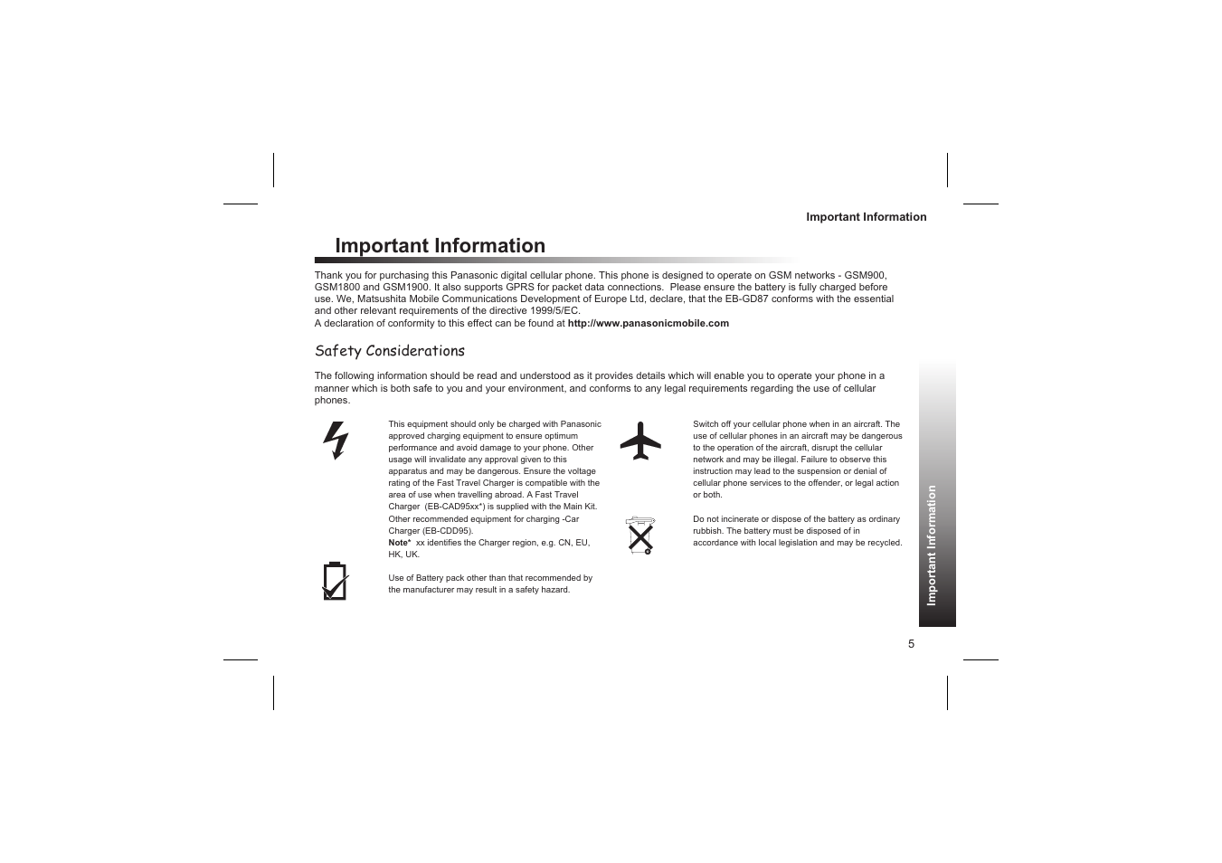 Important information, Safety considerations | Panasonic GD87 User Manual | Page 3 / 114