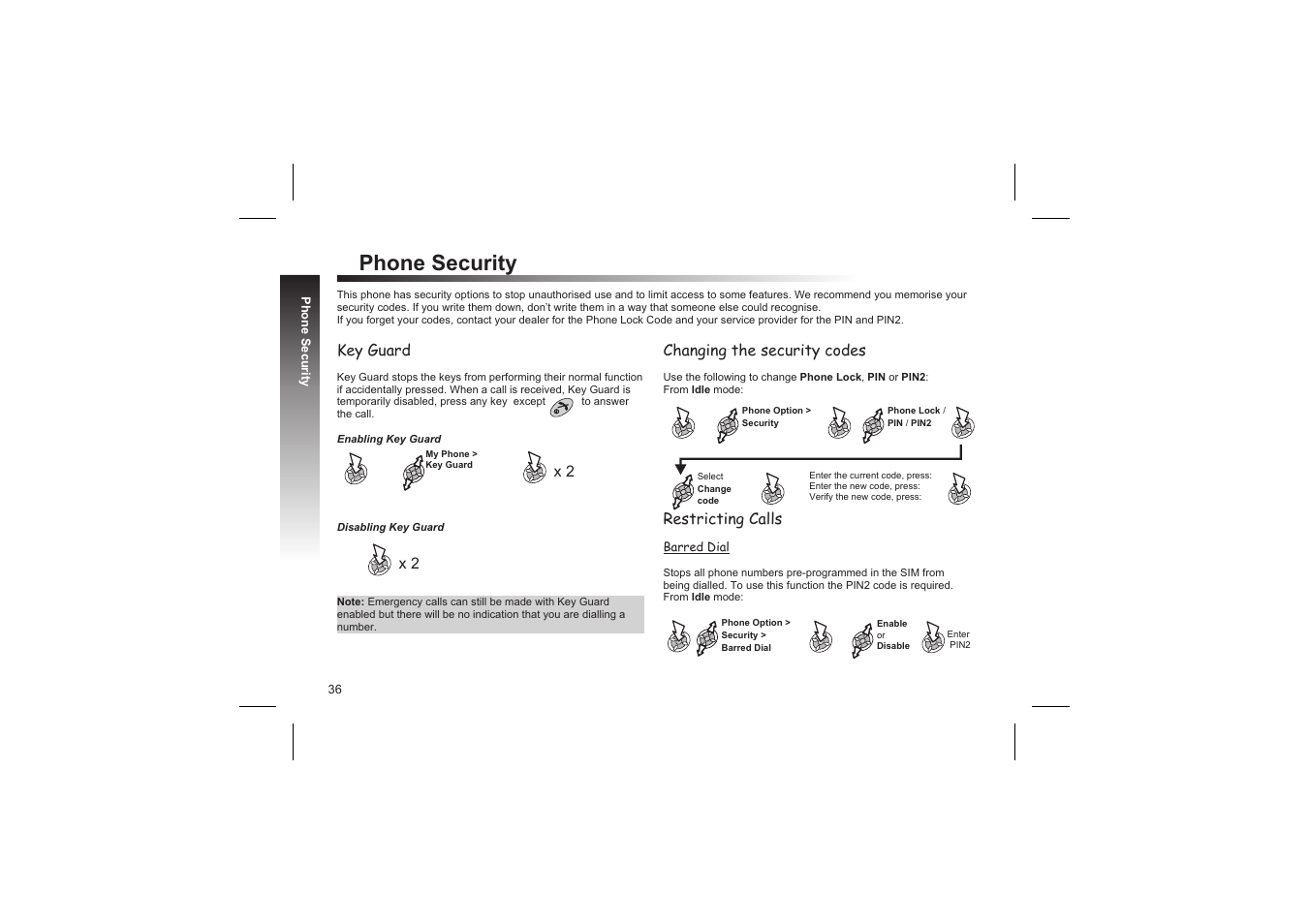 Phone security, Key guard, Changing the security codes | Restricting calls | Panasonic GD87 User Manual | Page 34 / 114