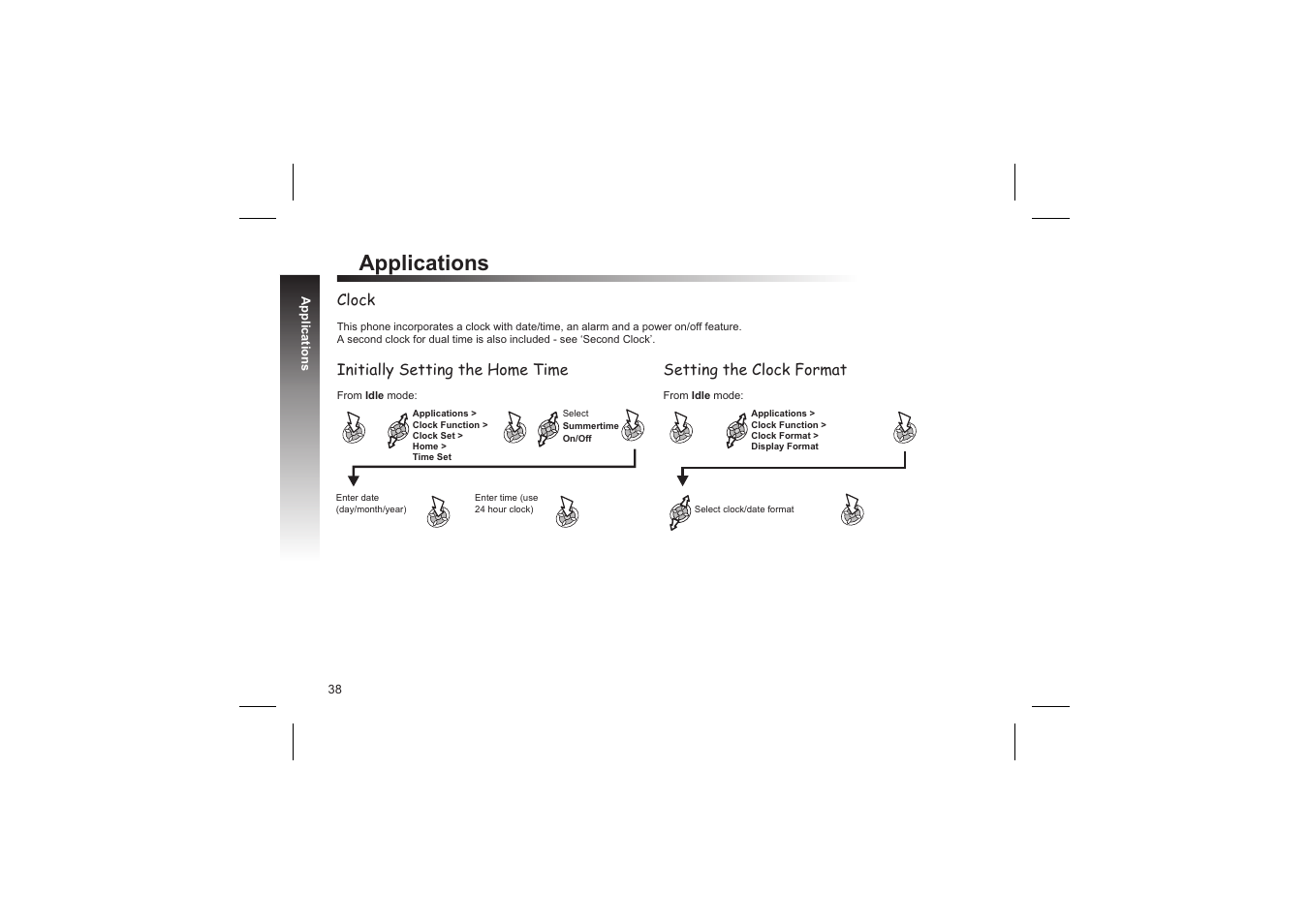 Altering the time/date 39, Setting the alarm 39, Setting the clock for summer time 39 | Applications, Clock, Initially setting the home time, Setting the clock format | Panasonic GD87 User Manual | Page 36 / 114