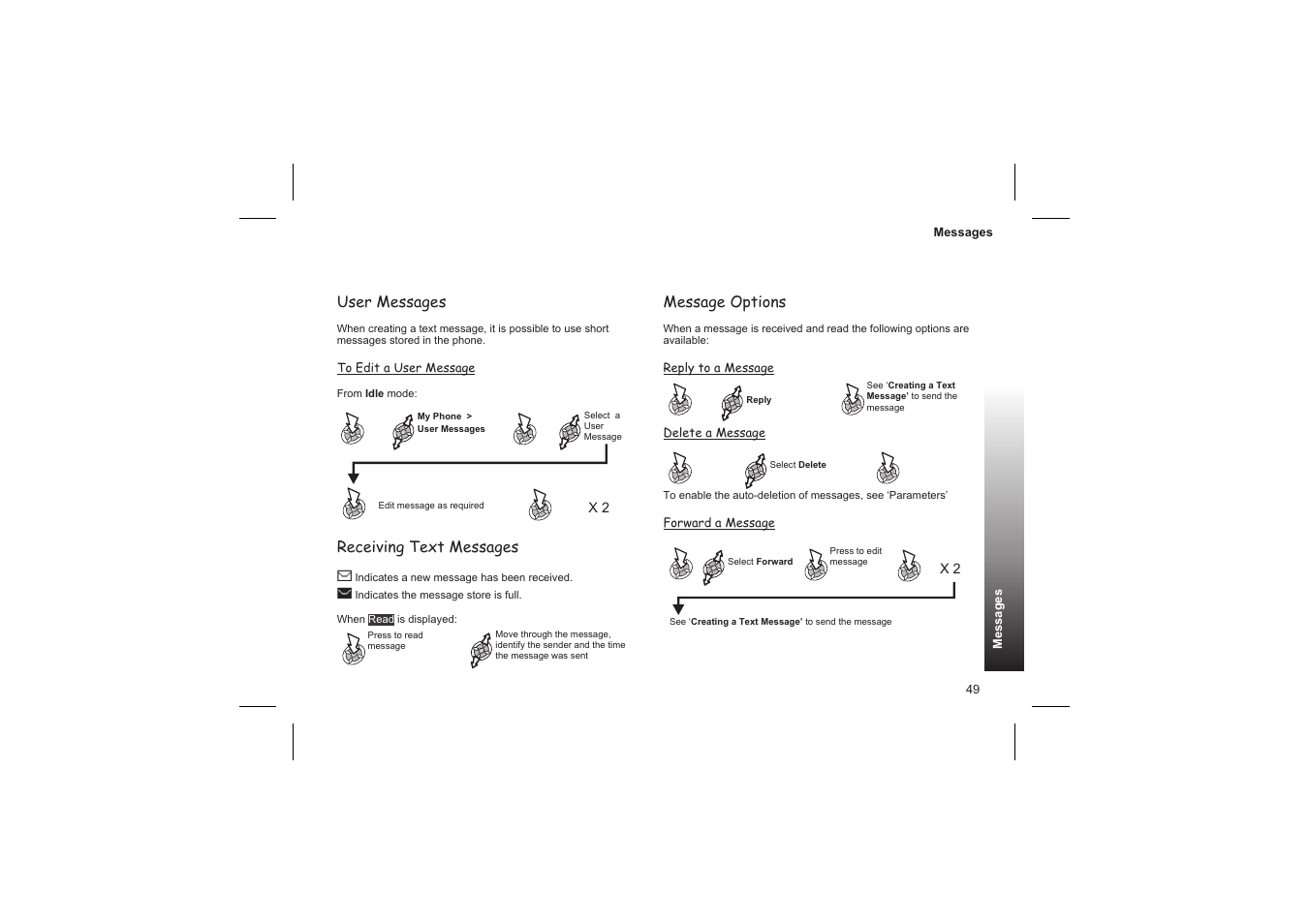 Cut, copy & paste message text 50, Managing message lists 50, User messages | Receiving text messages, Message options | Panasonic GD87 User Manual | Page 47 / 114