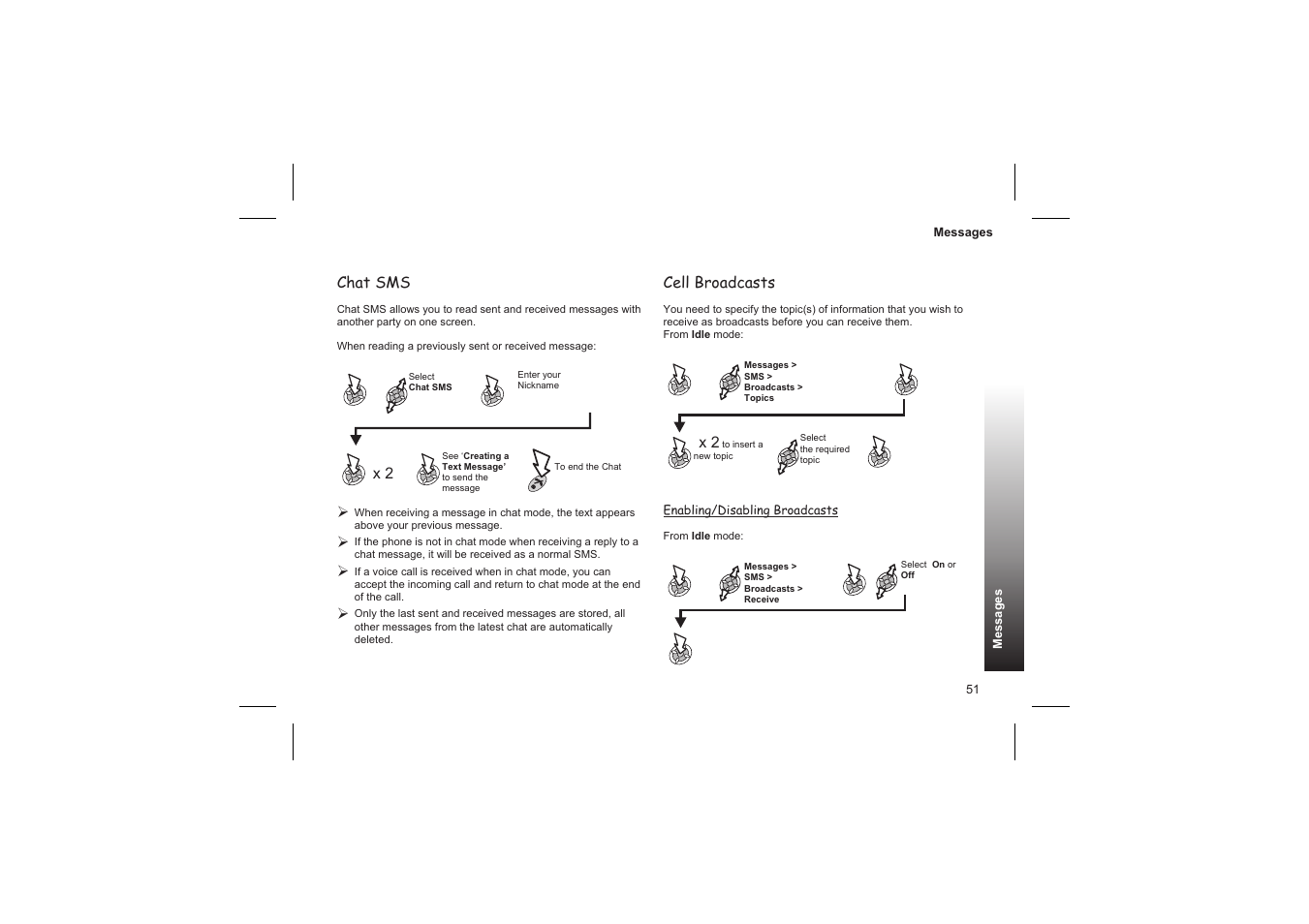 Parameters 52, Chat sms, Cell broadcasts | Panasonic GD87 User Manual | Page 49 / 114