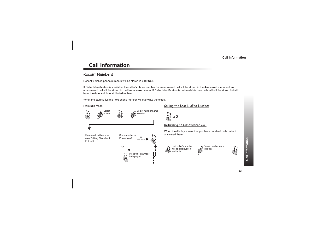 Call duration 62, Call information, Recent numbers | Panasonic GD87 User Manual | Page 59 / 114