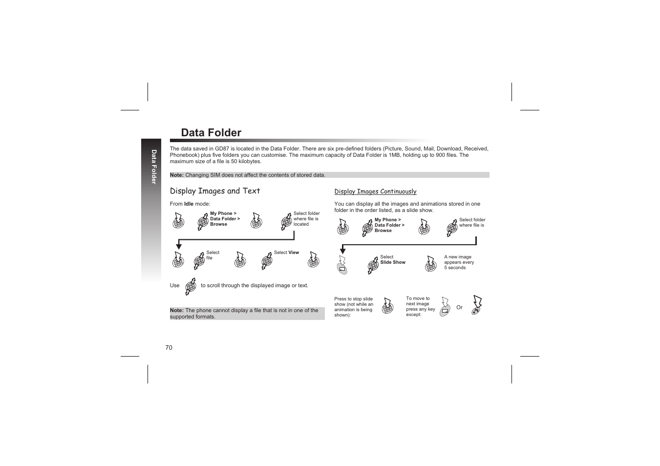 Data folder, Display images and text | Panasonic GD87 User Manual | Page 68 / 114