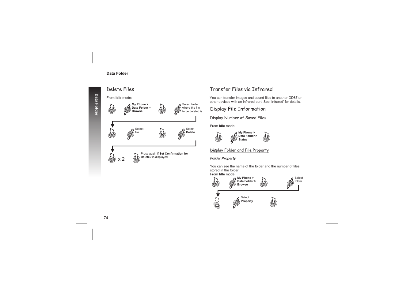 Delete files, Transfer files via infrared, X 2 display file information | Panasonic GD87 User Manual | Page 72 / 114