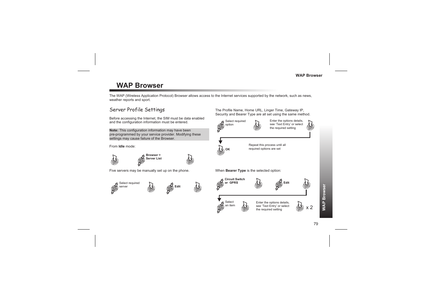 Activating the browser 80, Navigating content 80, Wap browser | Server profile settings | Panasonic GD87 User Manual | Page 77 / 114