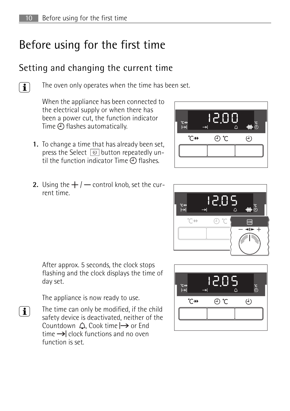 Before using for the first time, Setting and changing the current time | Electrolux B57415B User Manual | Page 10 / 64