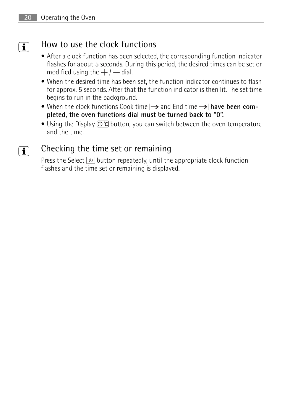 How to use the clock functions, Checking the time set or remaining | Electrolux B57415B User Manual | Page 20 / 64