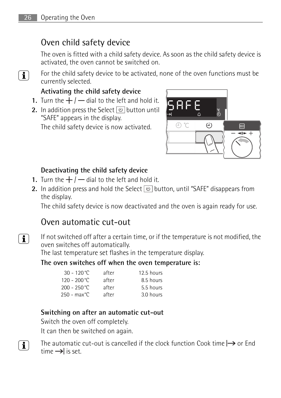 Oven child safety device, Oven automatic cut-out | Electrolux B57415B User Manual | Page 26 / 64