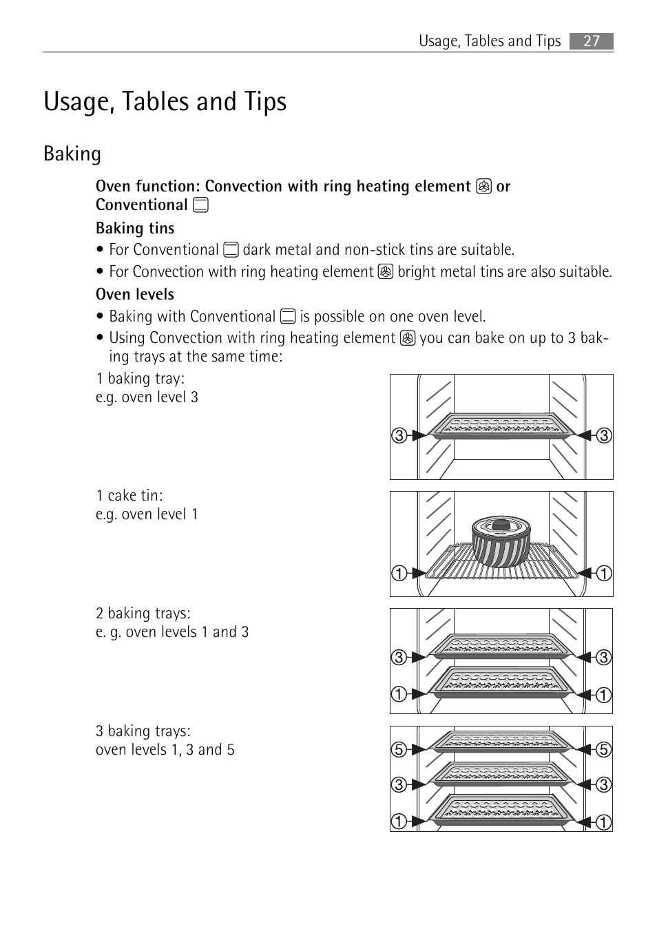 Usage, tables and tips, Baking | Electrolux B57415B User Manual | Page 27 / 64