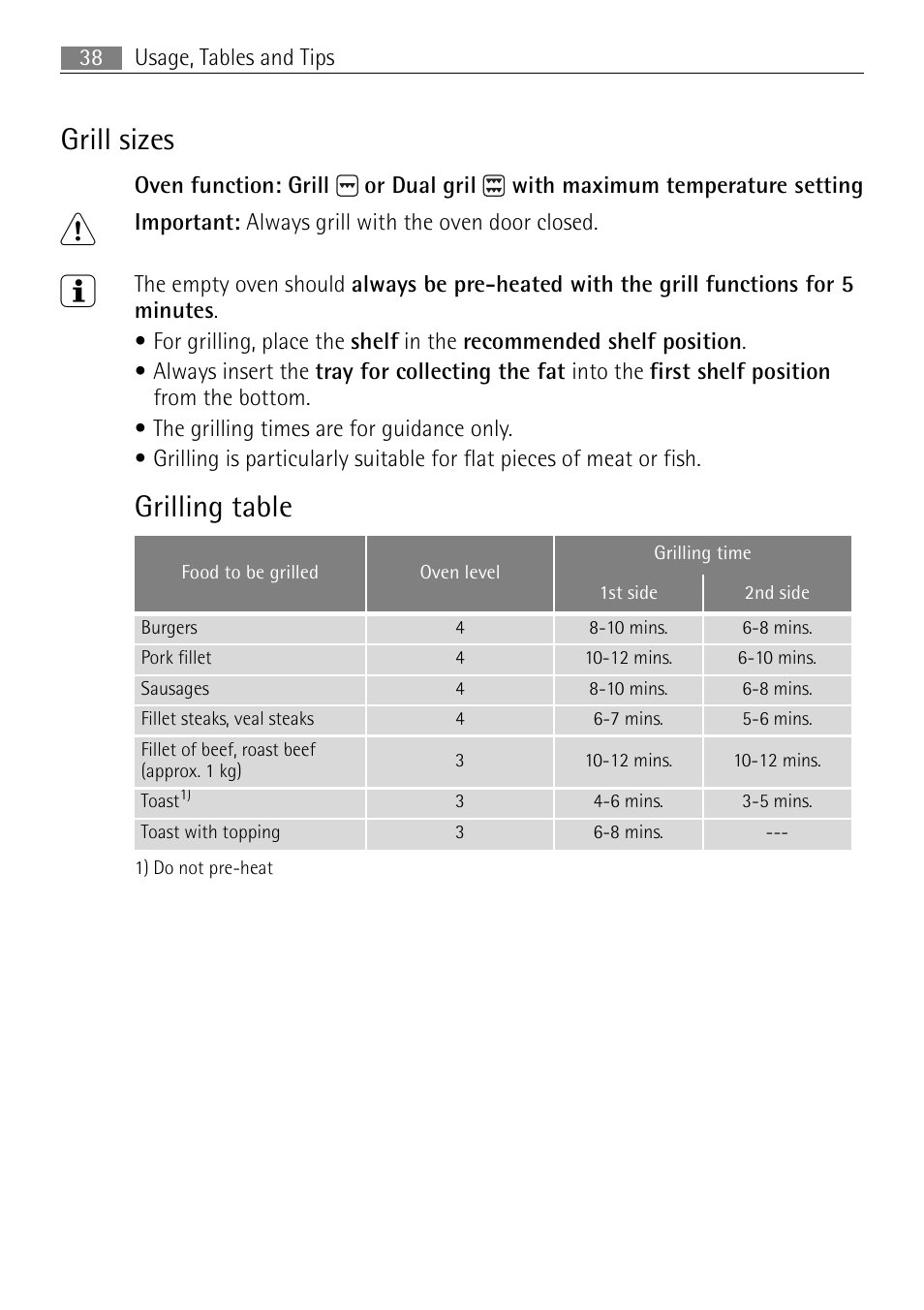 Grill sizes, Grilling table | Electrolux B57415B User Manual | Page 38 / 64