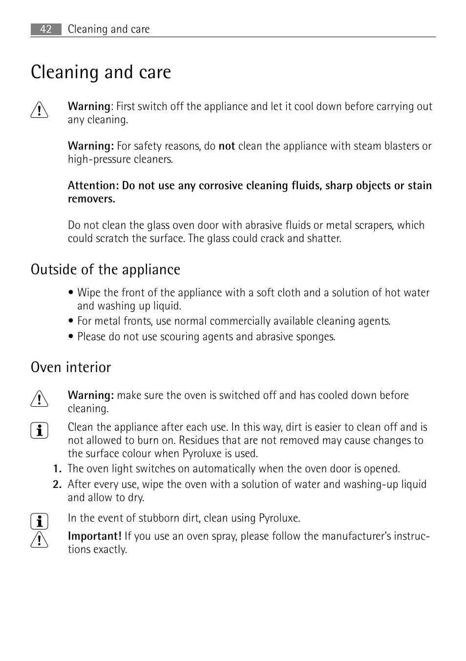 Cleaning and care 1, Outside of the appliance, Oven interior | Electrolux B57415B User Manual | Page 42 / 64