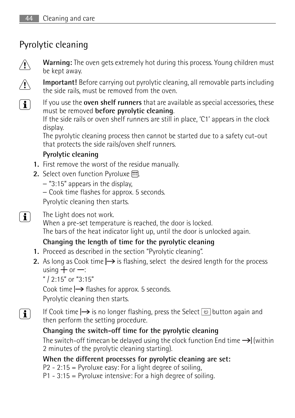 Pyrolytic cleaning | Electrolux B57415B User Manual | Page 44 / 64