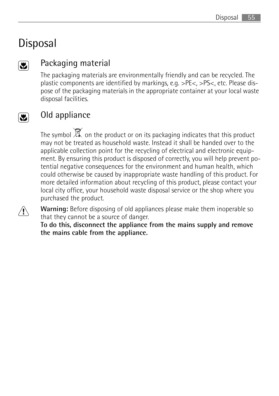 Disposal 2, Packaging material, Old appliance | Electrolux B57415B User Manual | Page 55 / 64