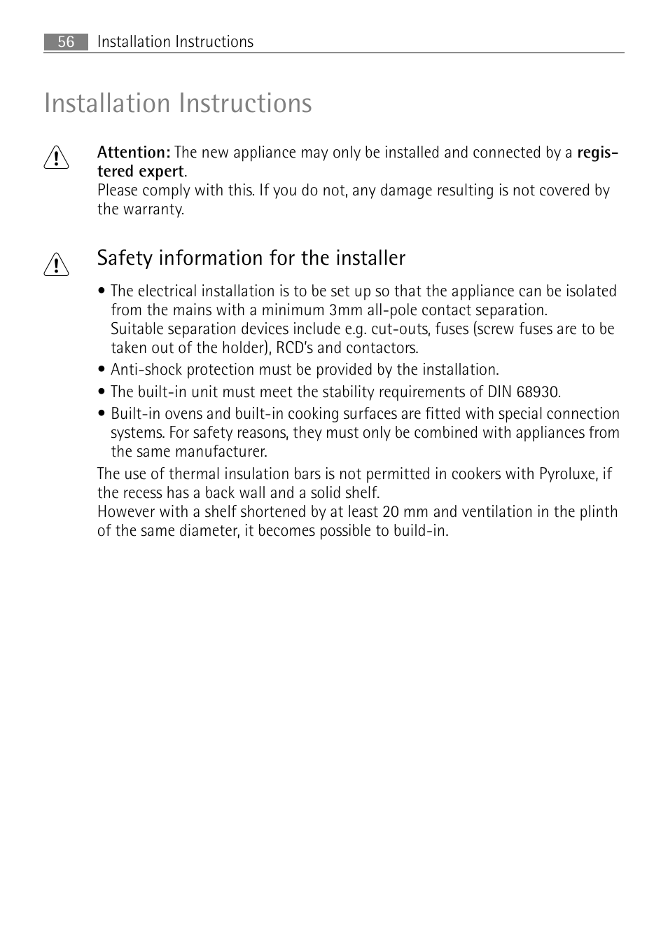 Installation instructions 1, Safety information for the installer | Electrolux B57415B User Manual | Page 56 / 64