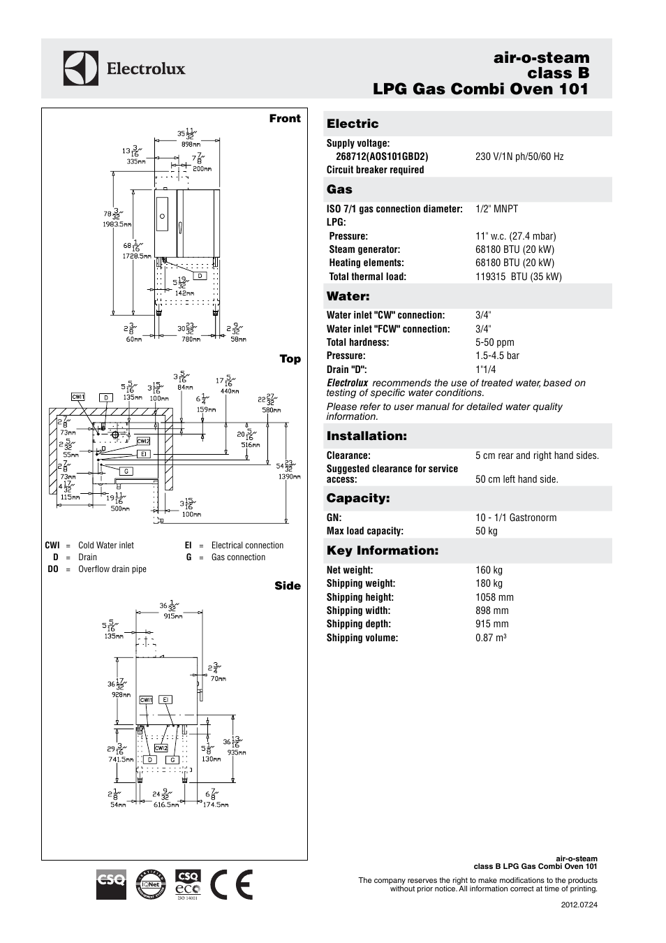 Air-o-steam class b lpg gas combi oven 101 | Electrolux air-o-steam class B LPG Gas Combi Oven 101 User Manual | Page 2 / 3