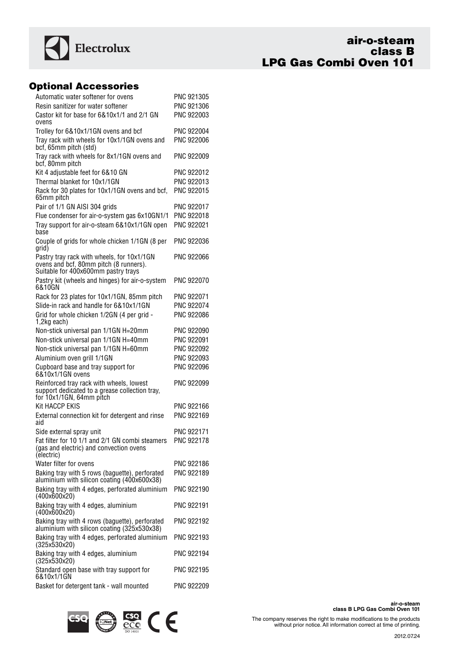 Air-o-steam class b lpg gas combi oven 101, Optional accessories | Electrolux air-o-steam class B LPG Gas Combi Oven 101 User Manual | Page 3 / 3