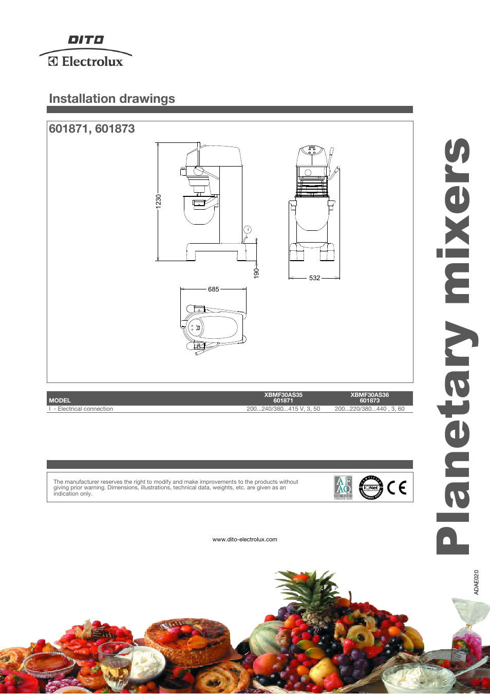 Planetary mixers, Installation drawings | Electrolux XBMF30AS36 User Manual | Page 4 / 4