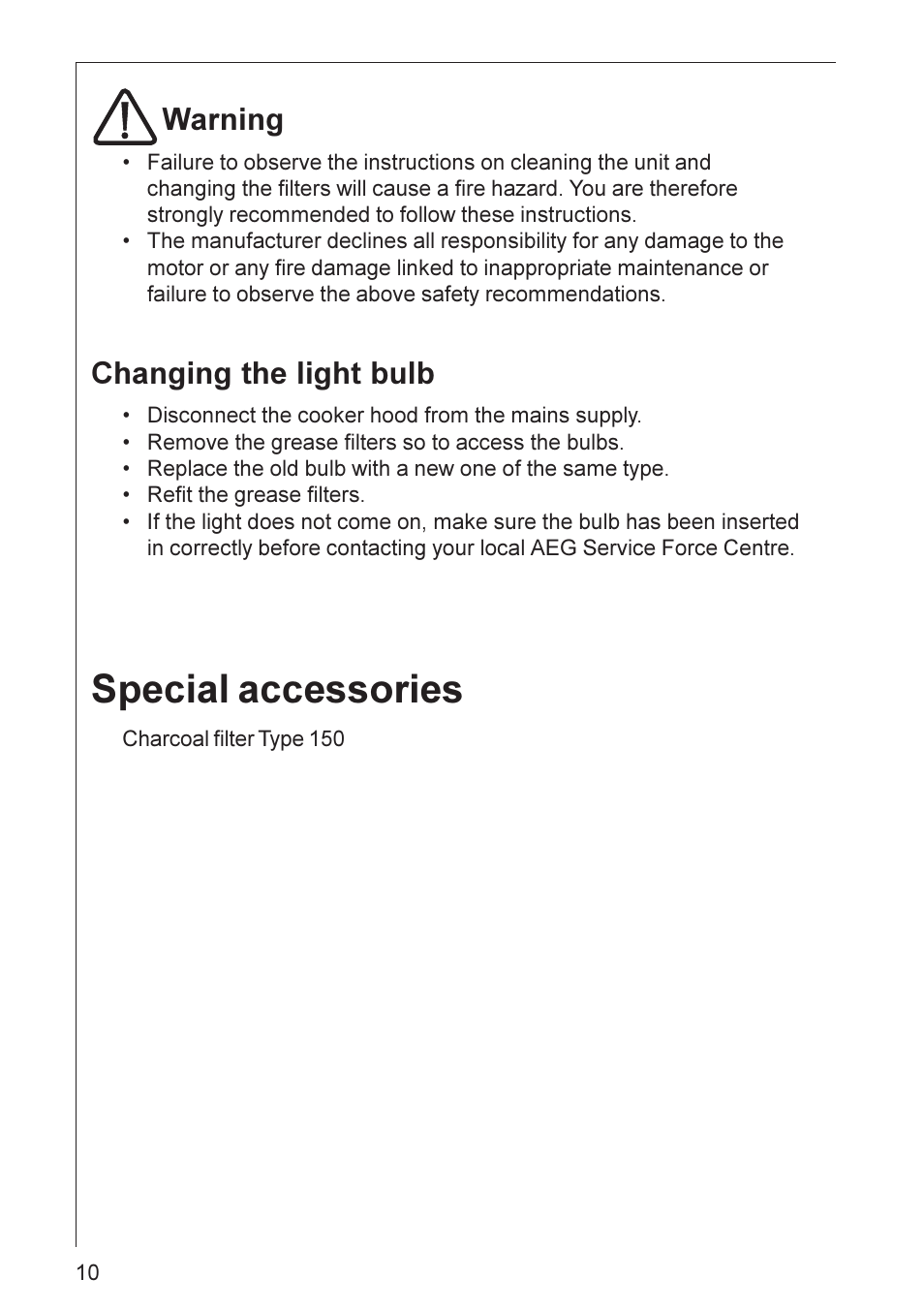 Special accessories, Warning, Changing the light bulb | Electrolux HE 3160 User Manual | Page 10 / 20