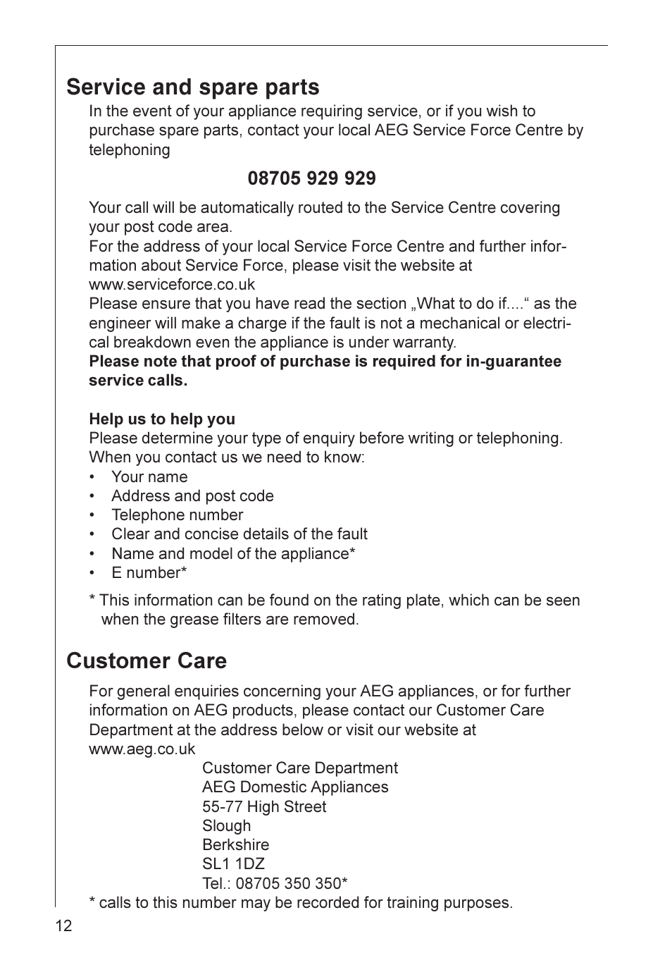 Service and spare parts, Customer care | Electrolux HE 3160 User Manual | Page 12 / 20