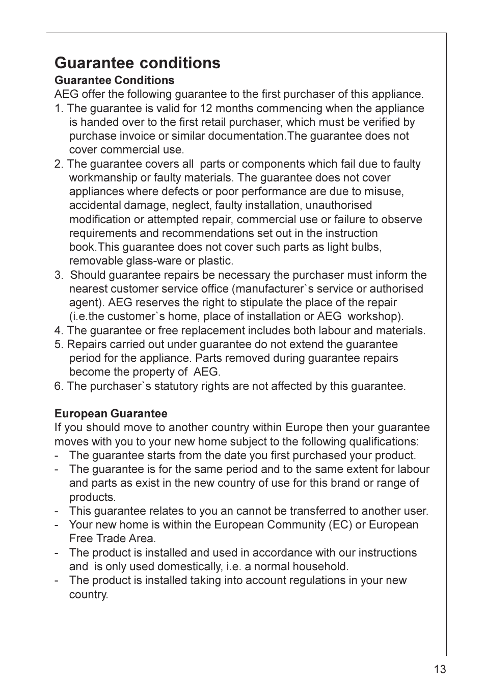 Guarantee conditions | Electrolux HE 3160 User Manual | Page 13 / 20