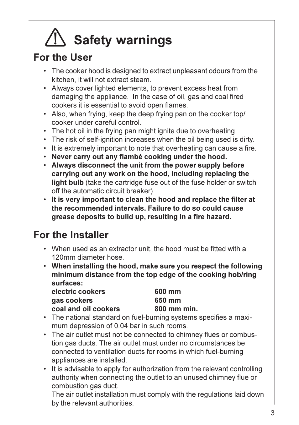 Safety warnings, For the user, For the installer | Electrolux HE 3160 User Manual | Page 3 / 20