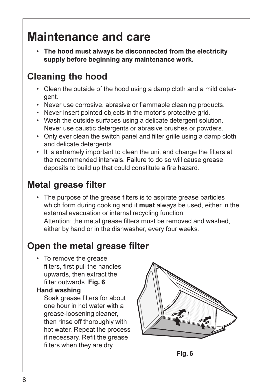 Maintenance and care, Cleaning the hood, Metal grease filter | Open the metal grease filter | Electrolux HE 3160 User Manual | Page 8 / 20