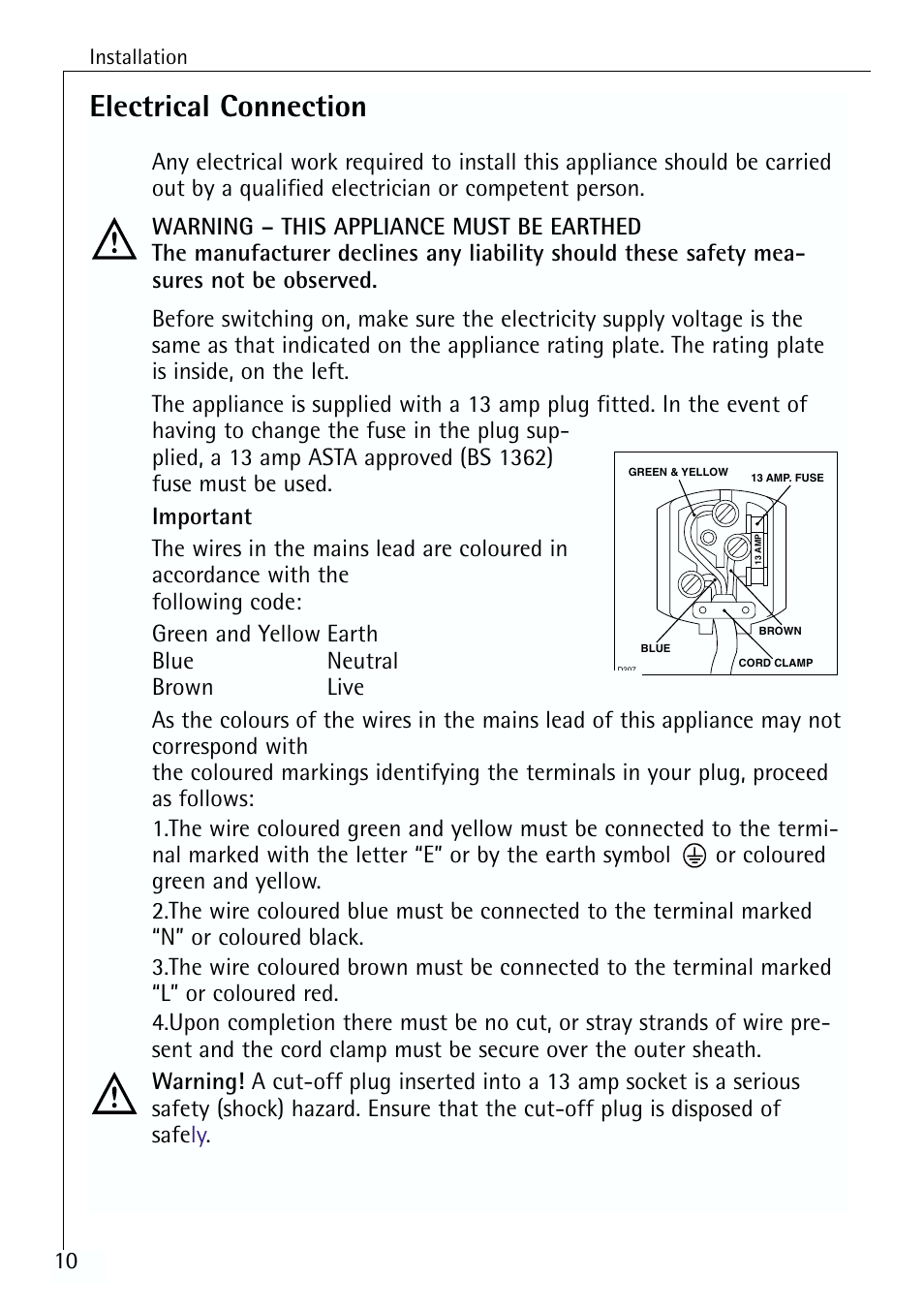 Electrical connection | Electrolux 70170 TK User Manual | Page 10 / 28