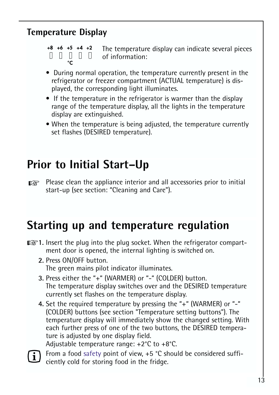 Starting up and temperature regulation, Prior to initial start–up, Temperature display | Electrolux 70170 TK User Manual | Page 13 / 28