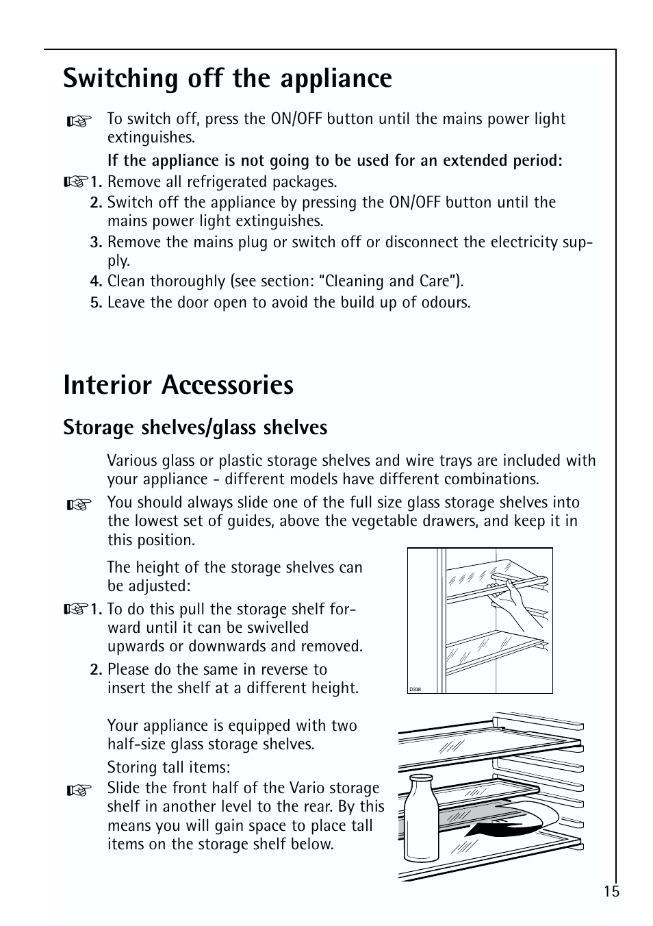 Switching off the appliance, Interior accessories | Electrolux 70170 TK User Manual | Page 15 / 28