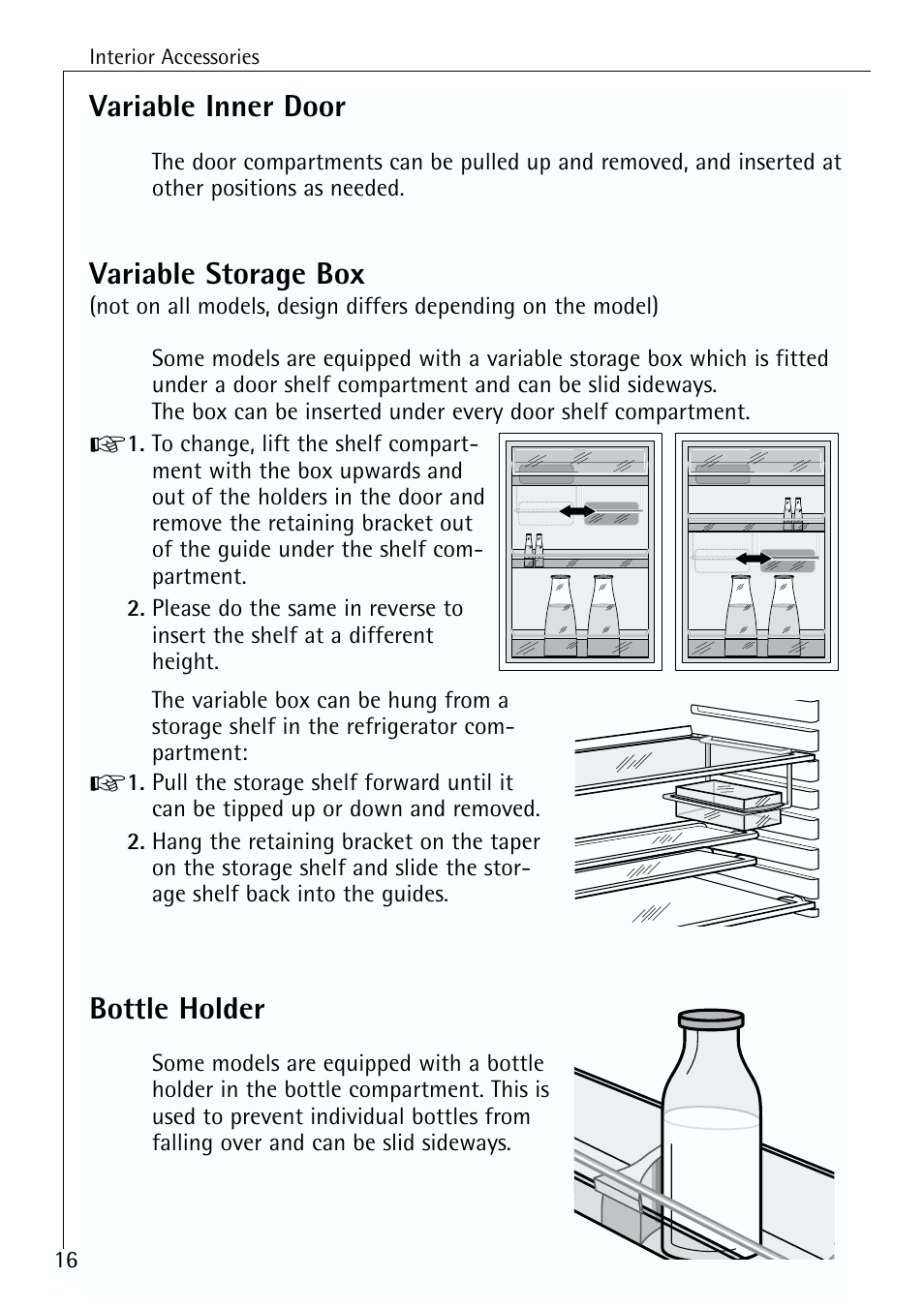 Variable inner door, Variable storage box, Bottle holder | Electrolux 70170 TK User Manual | Page 16 / 28