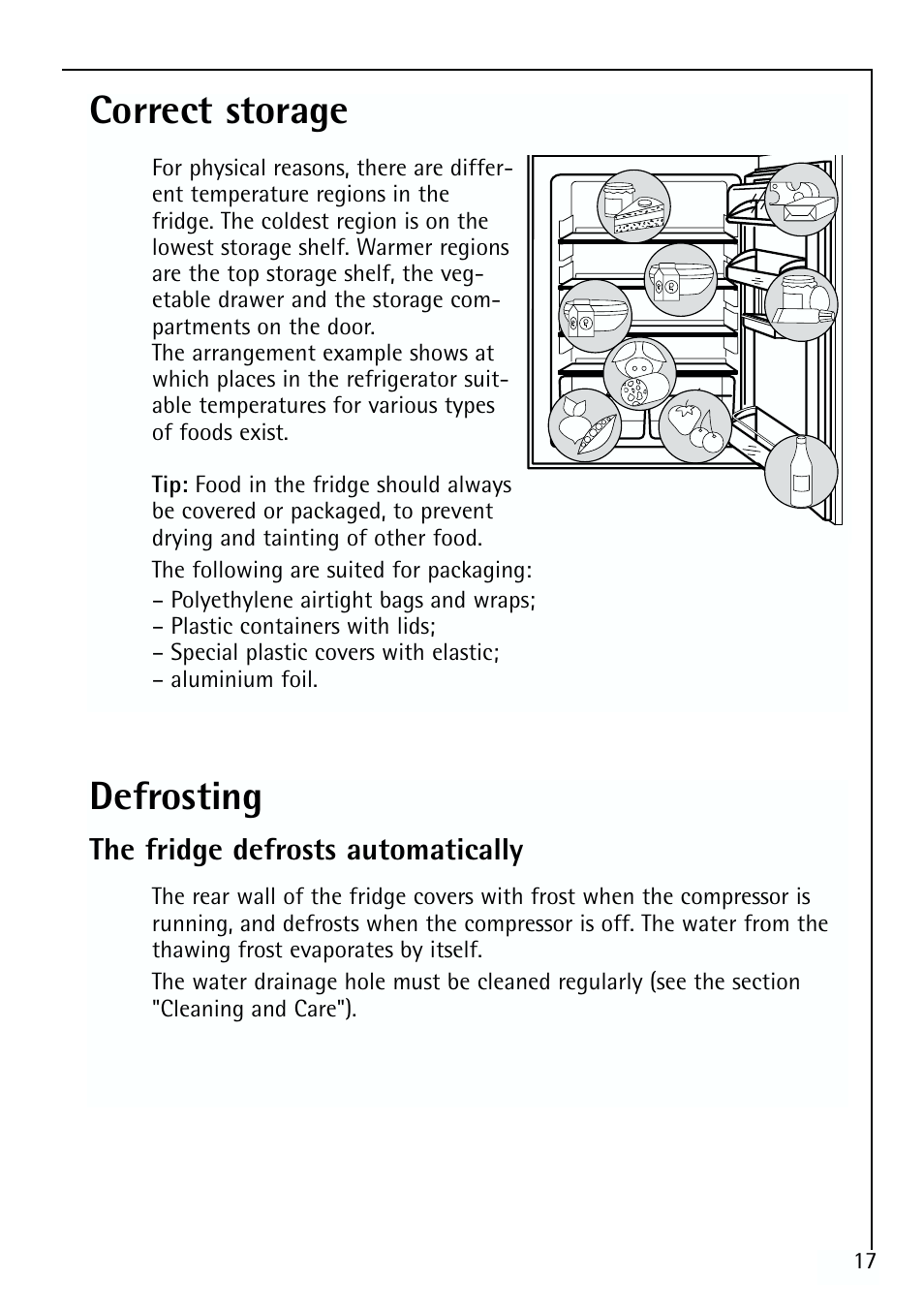 Defrosting, Correct storage | Electrolux 70170 TK User Manual | Page 17 / 28