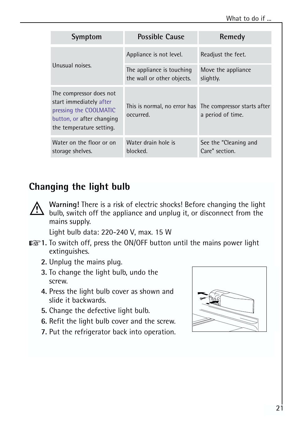 Changing the light bulb | Electrolux 70170 TK User Manual | Page 21 / 28
