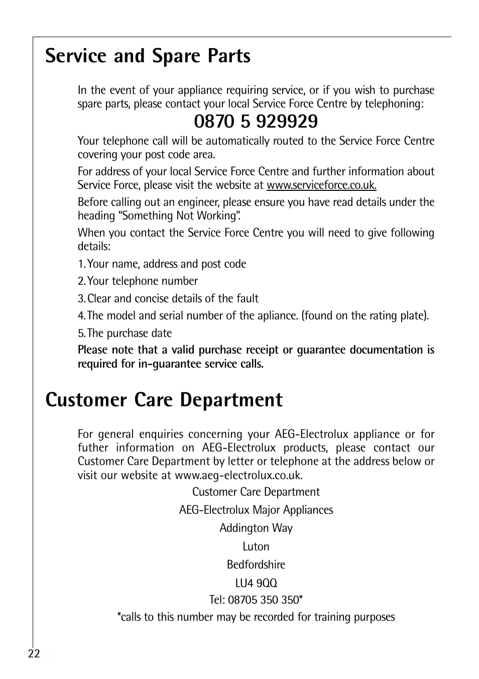 Service and spare parts, Customer care department | Electrolux 70170 TK User Manual | Page 22 / 28