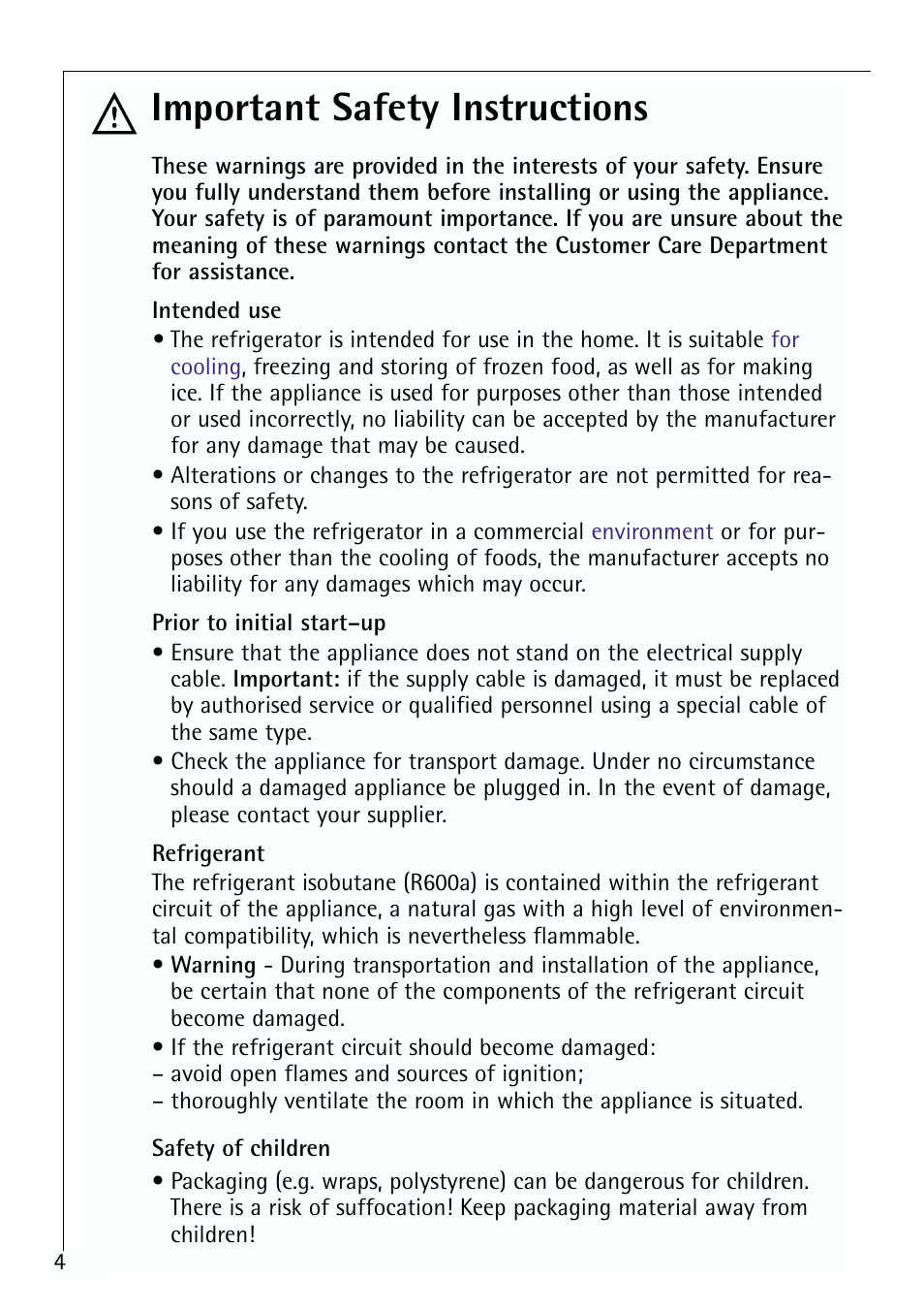 Important safety instructions | Electrolux 70170 TK User Manual | Page 4 / 28