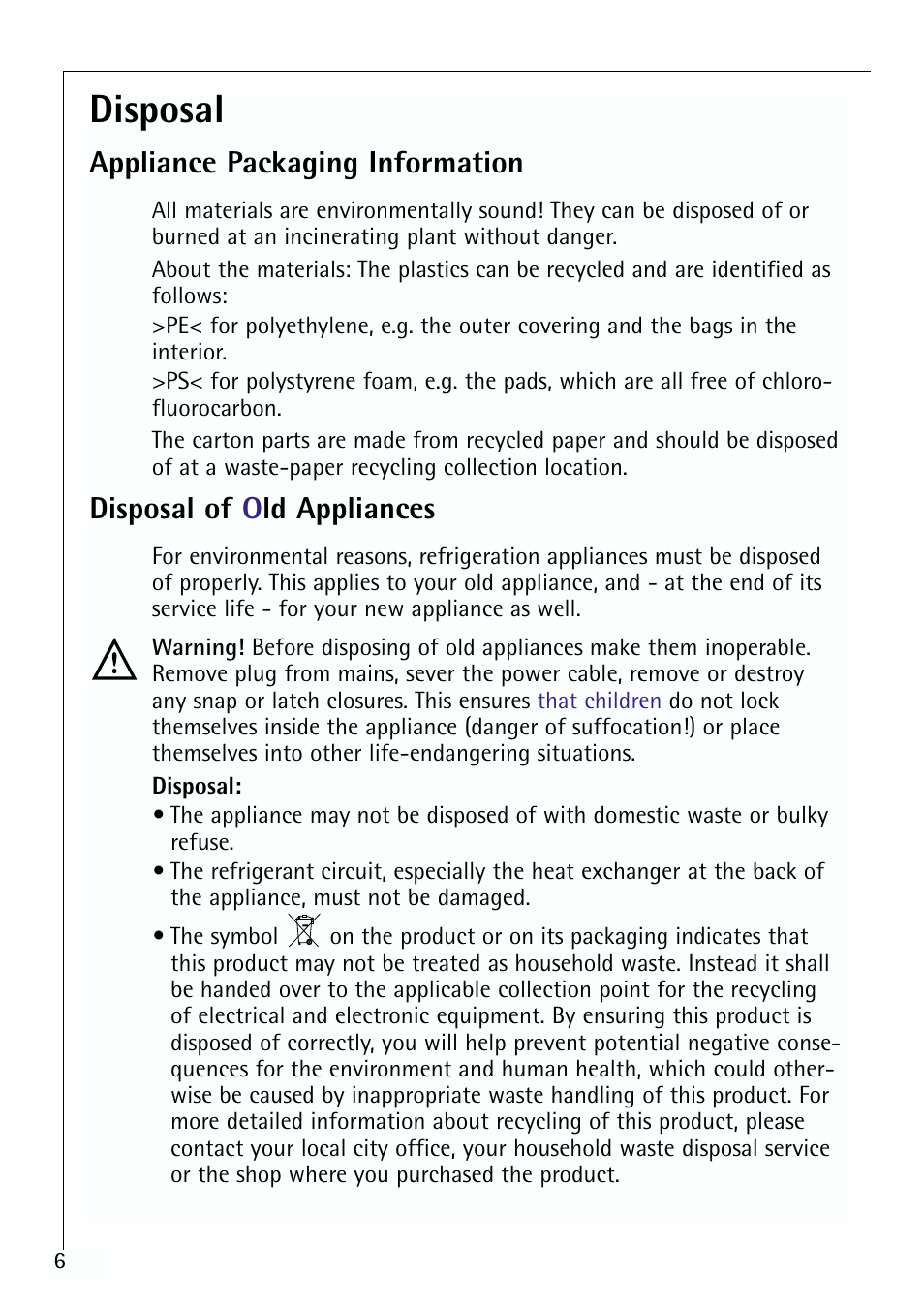 Disposal, Appliance packaging information, Disposal of o ld appliances | Electrolux 70170 TK User Manual | Page 6 / 28