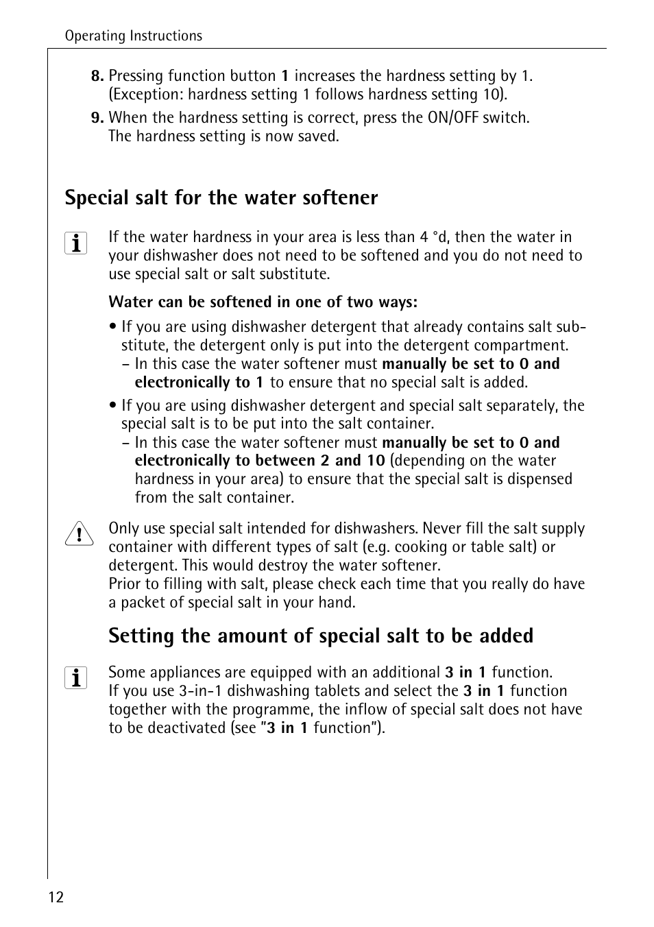 Special salt for the water softener, Setting the amount of special salt to be added | Electrolux 44070 VI User Manual | Page 12 / 48