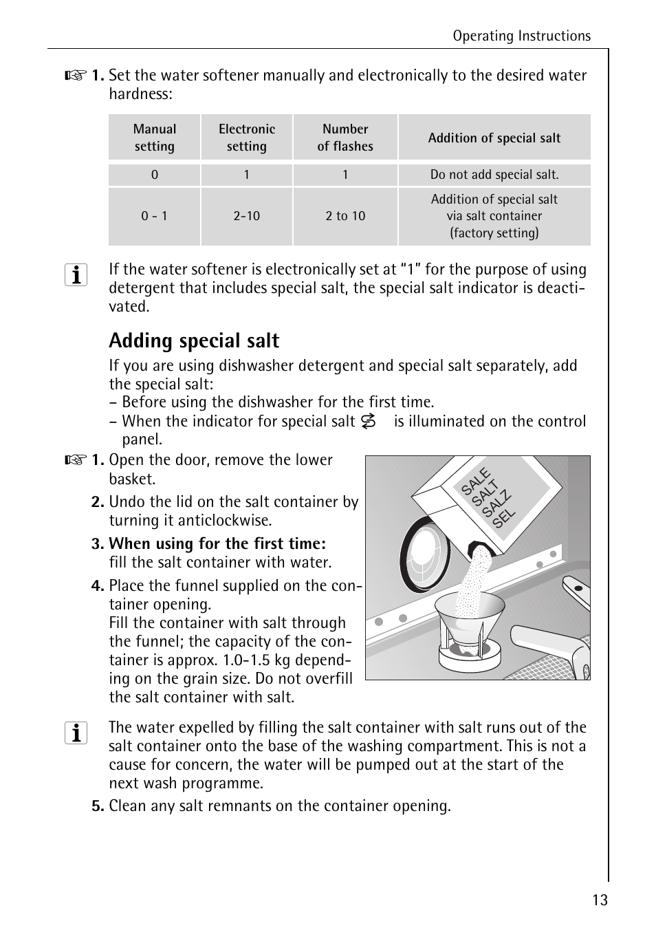 Adding special salt | Electrolux 44070 VI User Manual | Page 13 / 48
