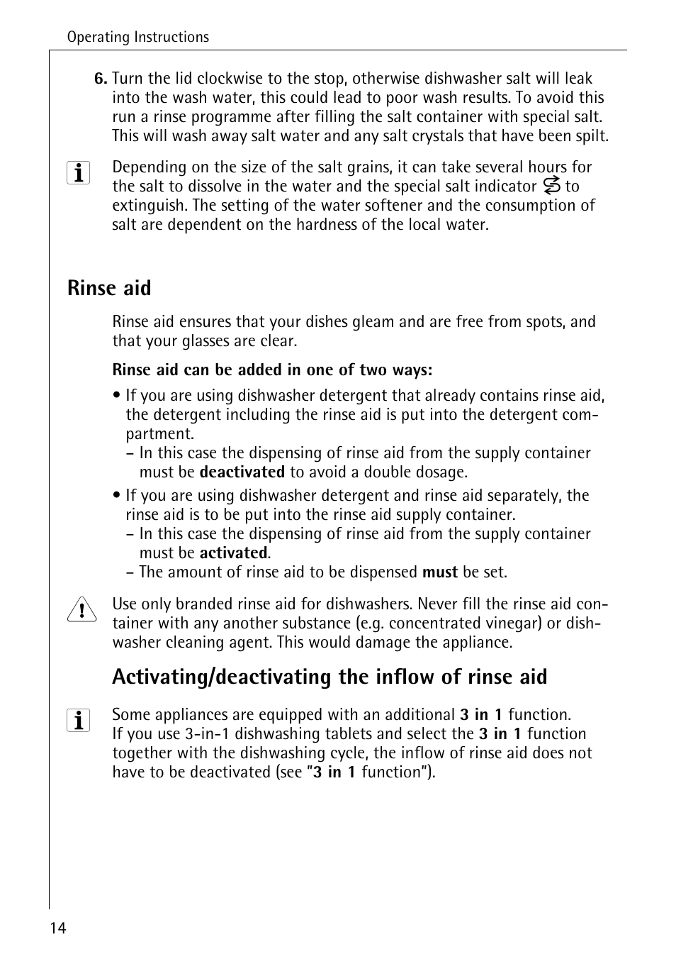 Rinse aid, Activating/deactivating the inflow of rinse aid | Electrolux 44070 VI User Manual | Page 14 / 48