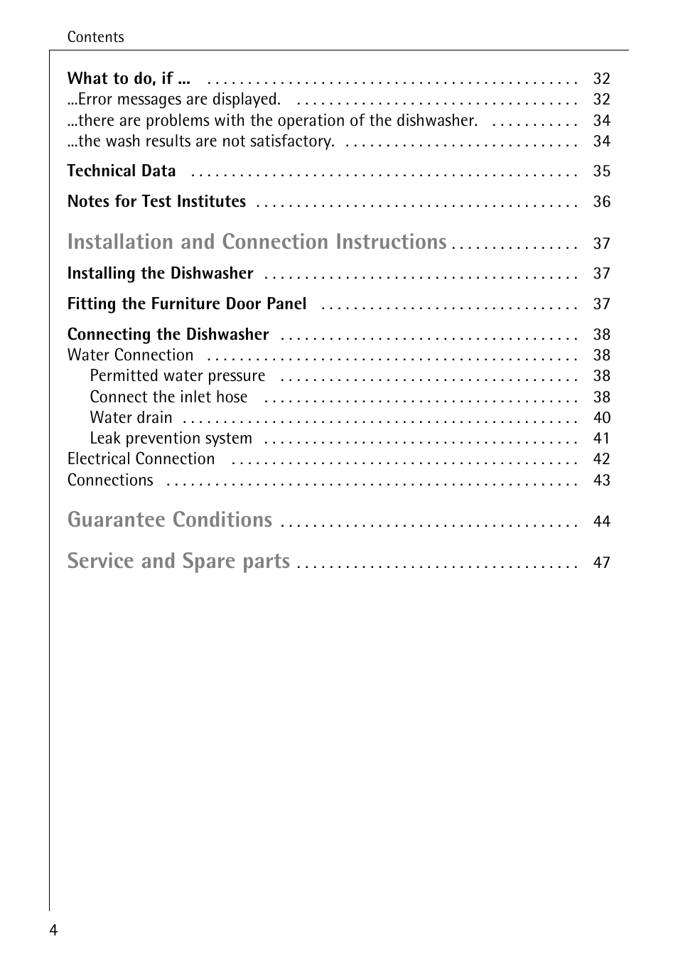 Installation and connection instructions, Guarantee conditions, Service and spare parts | Electrolux 44070 VI User Manual | Page 4 / 48