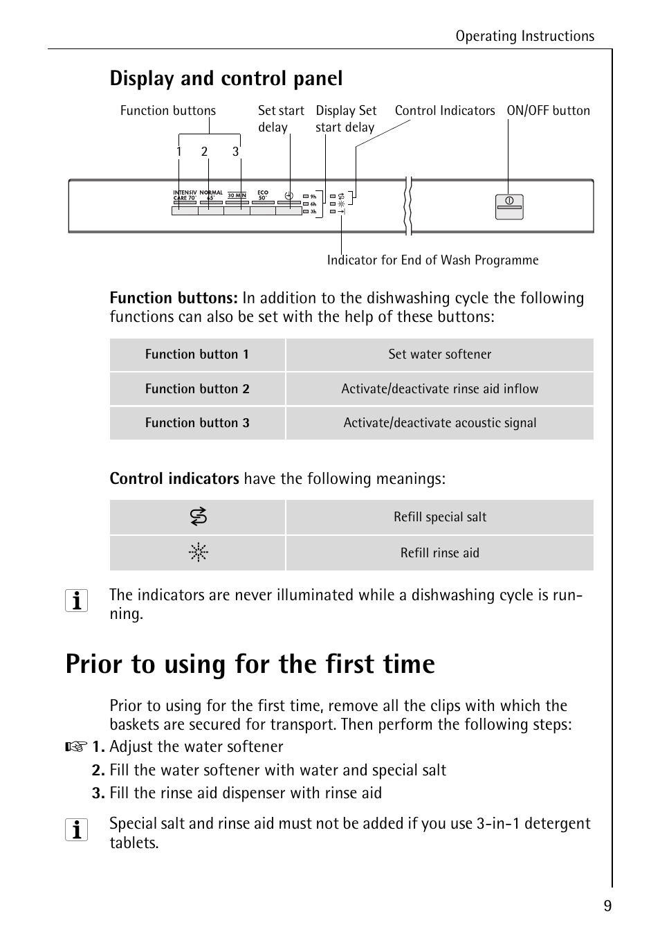 Prior to using for the first time, Display and control panel | Electrolux 44070 VI User Manual | Page 9 / 48