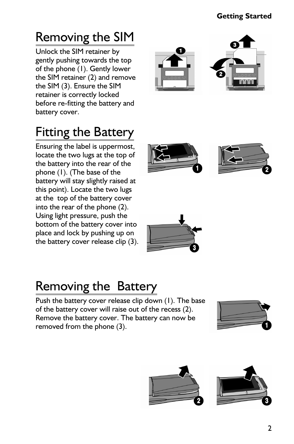 Removing the sim 2, Fitting the battery 2, Removing the battery 2 | Removing the sim, Fitting the battery, Removing the battery | Panasonic EB-GD75 User Manual | Page 11 / 80
