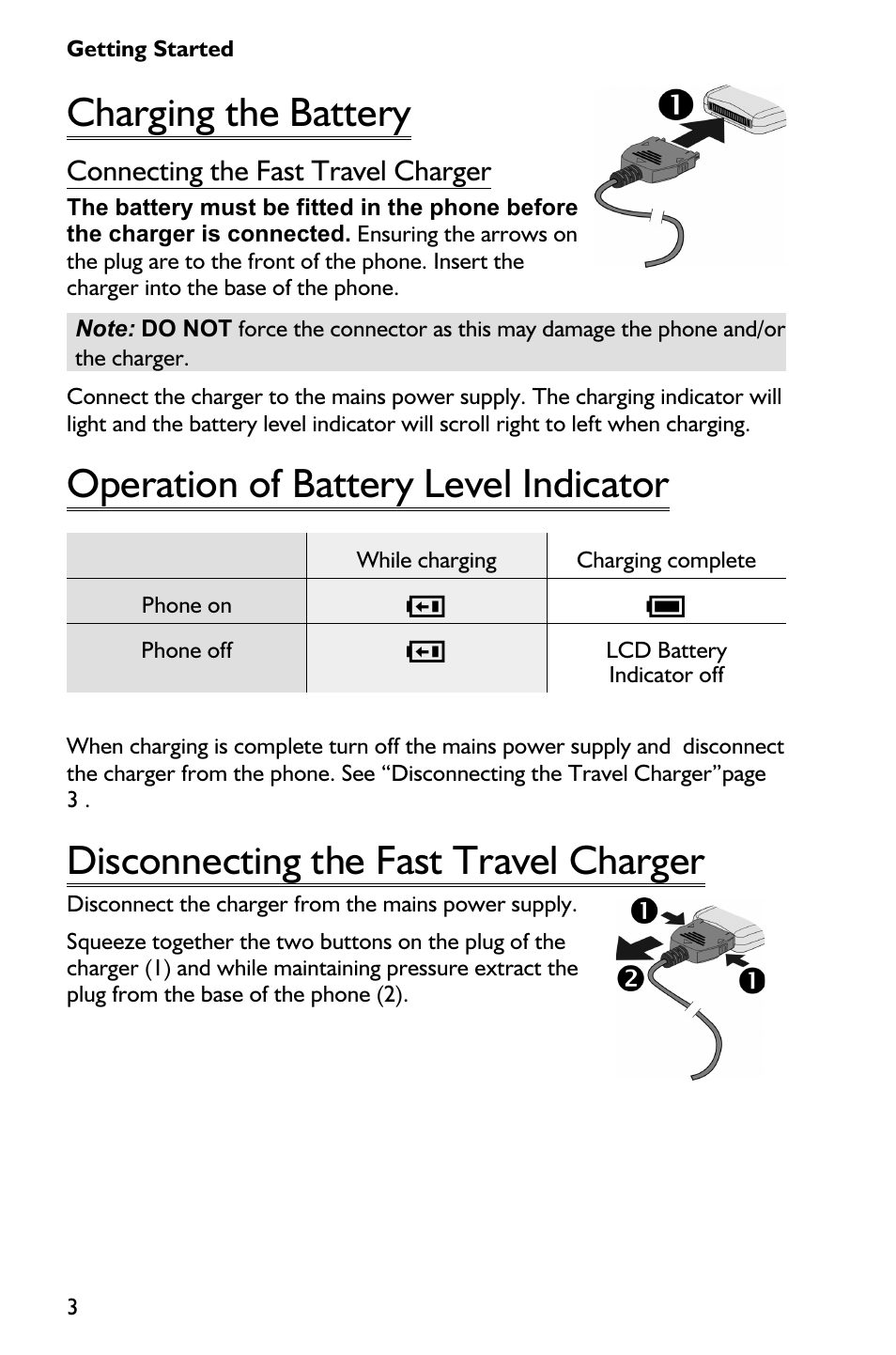 Charging the battery 3, Operation of battery level indicator 3, Disconnecting the fast travel charger 3 | Charging the battery, Operation of battery level indicator, Disconnecting the fast travel charger, Connecting the fast travel charger | Panasonic EB-GD75 User Manual | Page 12 / 80