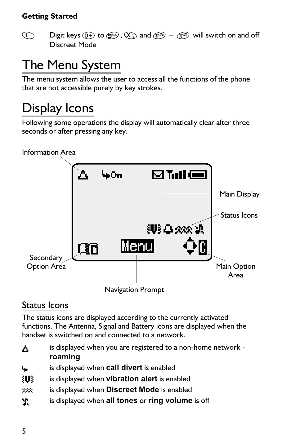 The menu system 5, Display icons 5, The menu system | Display icons, Status icons | Panasonic EB-GD75 User Manual | Page 14 / 80